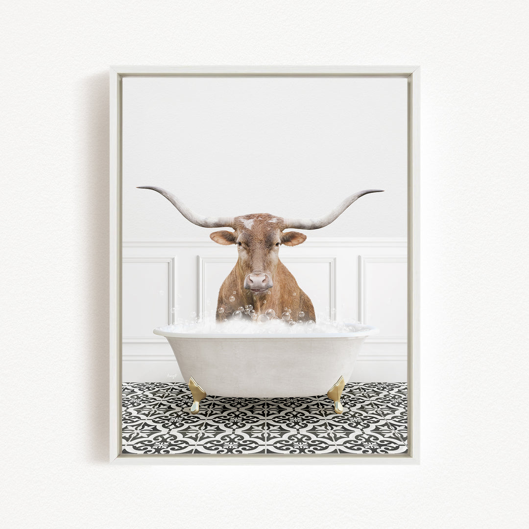 A bull with long horns is sitting in a white bathtub filled with bubbles, creating a whimsical and playful scene.
