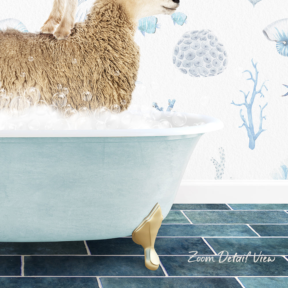 A fluffy brown sheep is sitting in a bathtub filled with bubbles, surrounded by a blue and white underwater-themed wallpaper.