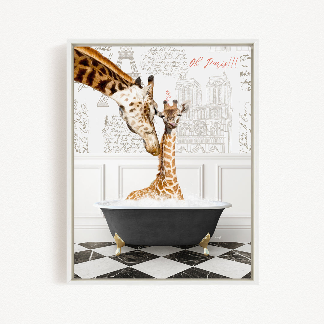 A mother giraffe and her baby giraffe are sitting in a bathtub, with the mother gently nuzzling her baby. The background features a drawing of the Eiffel Tower and other architectural elements, creating a whimsical and playful atmosphere.