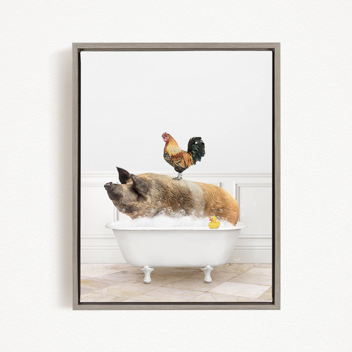 A rooster stands on a pig's back while the pig is sitting in a bathtub filled with water and bubbles.