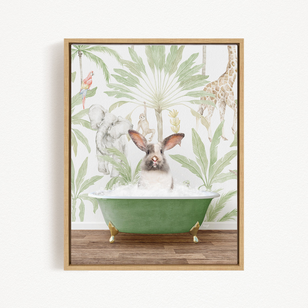 A rabbit sitting in a green bathtub filled with water, surrounded by various animals such as a giraffe, parrot, and elephant, all set against a tropical wallpaper background.