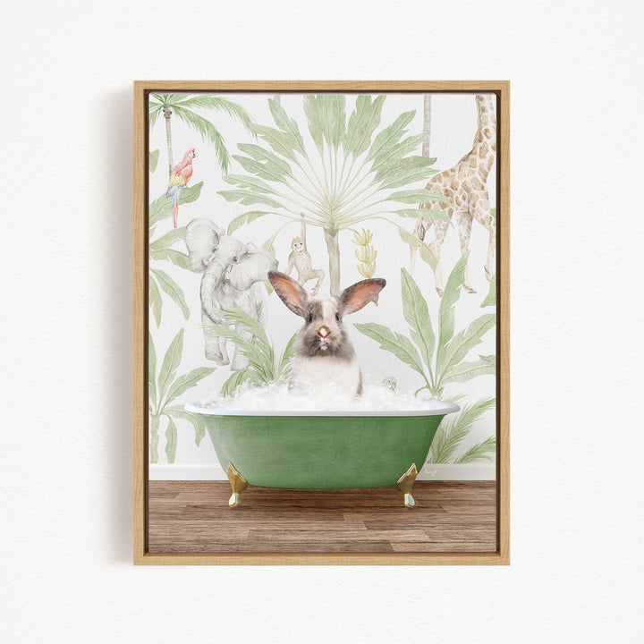 A rabbit sitting in a green bathtub filled with water, surrounded by various animals such as a giraffe, parrot, and elephant, all set against a tropical wallpaper background.