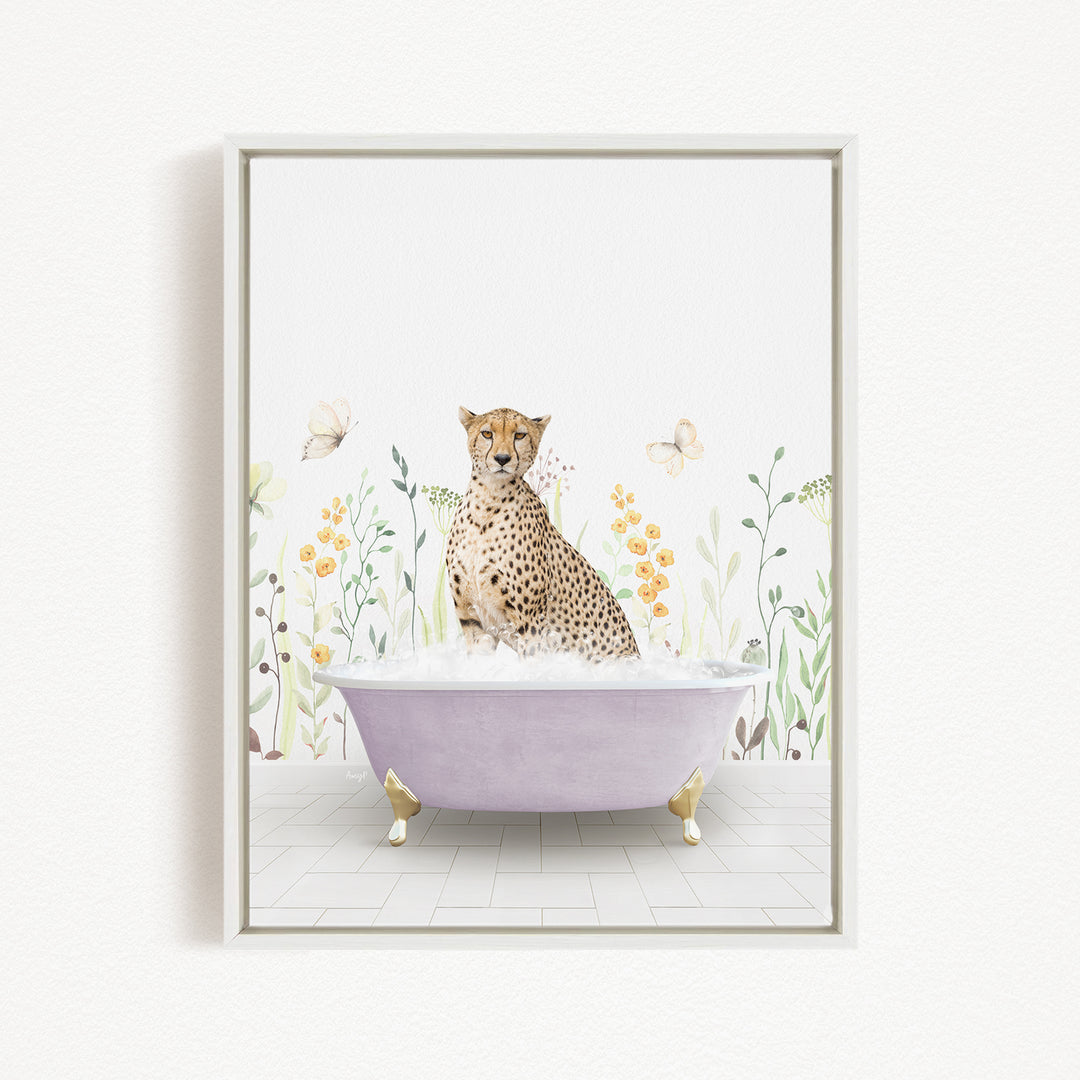 A cheetah sitting in a purple bathtub filled with water, surrounded by flowers and butterflies.