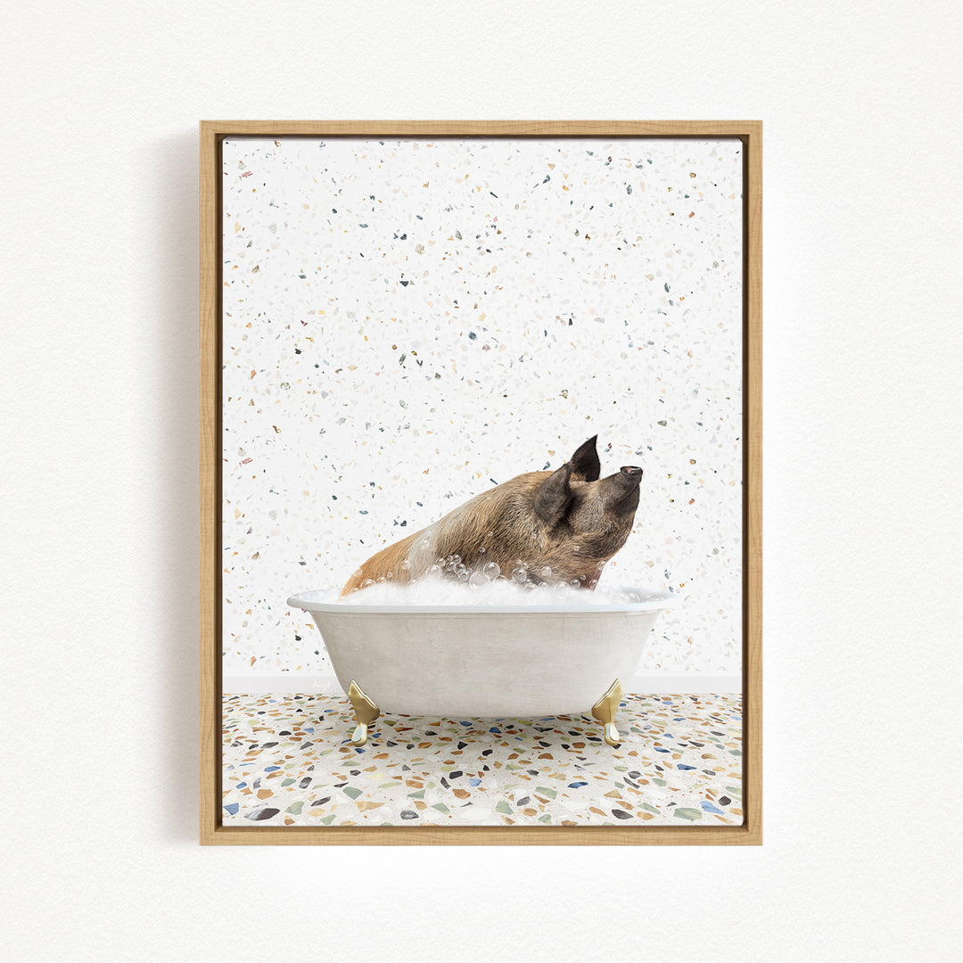 A brown pig sitting in a white bathtub filled with water, surrounded by a speckled tiled floor.