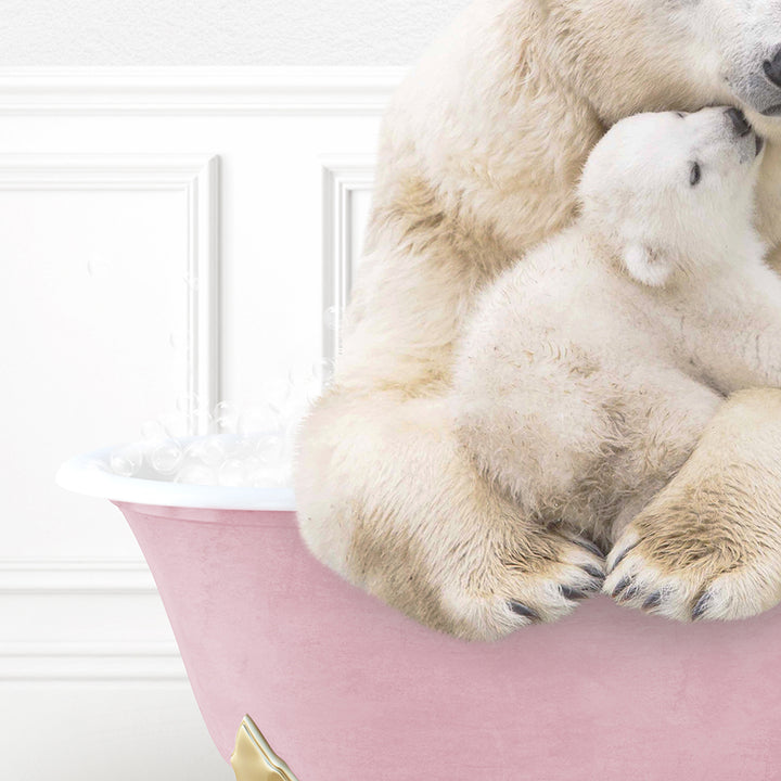 a mother polar bear cuddles her cub in a bathtub