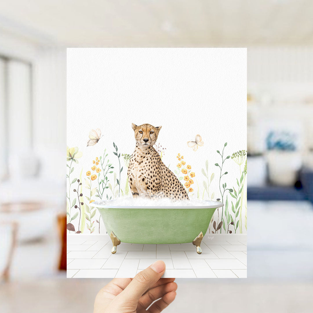 A cheetah sitting in a green bathtub filled with bubbles, surrounded by flowers and butterflies.
