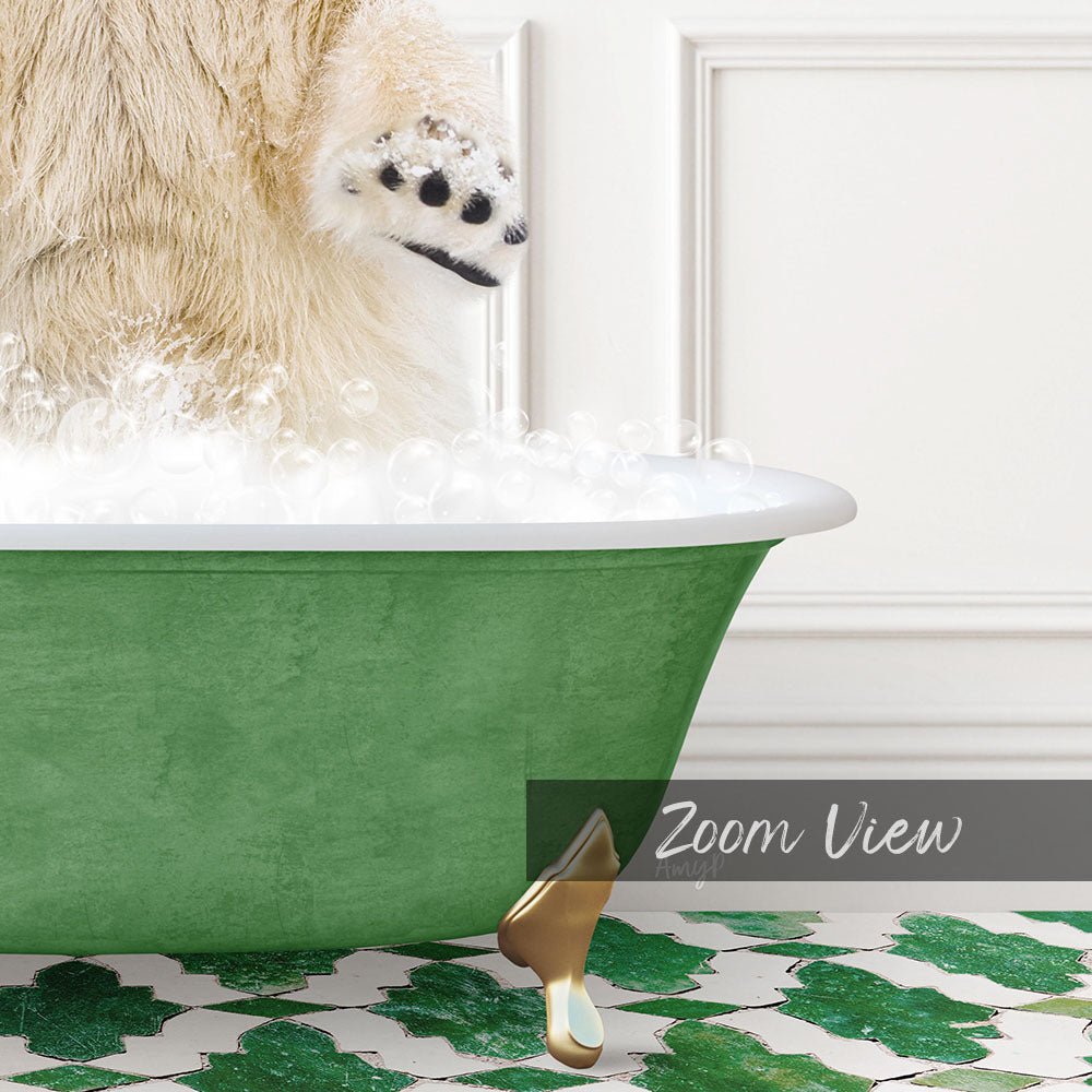 A fluffy white dog is standing in a green bathtub filled with bubbles, with its paw raised in the air.