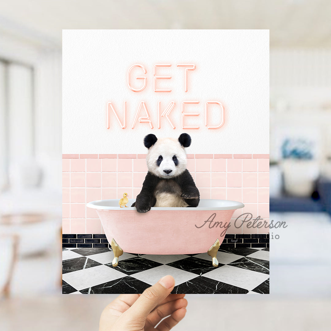 a person holding up a card with a panda in a bathtub