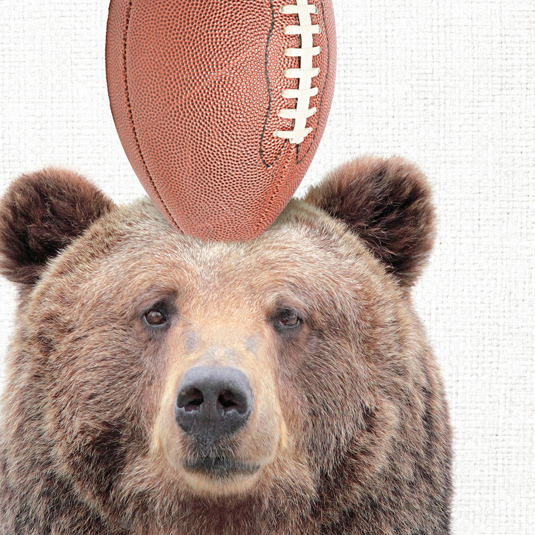 a bear with a football on its head