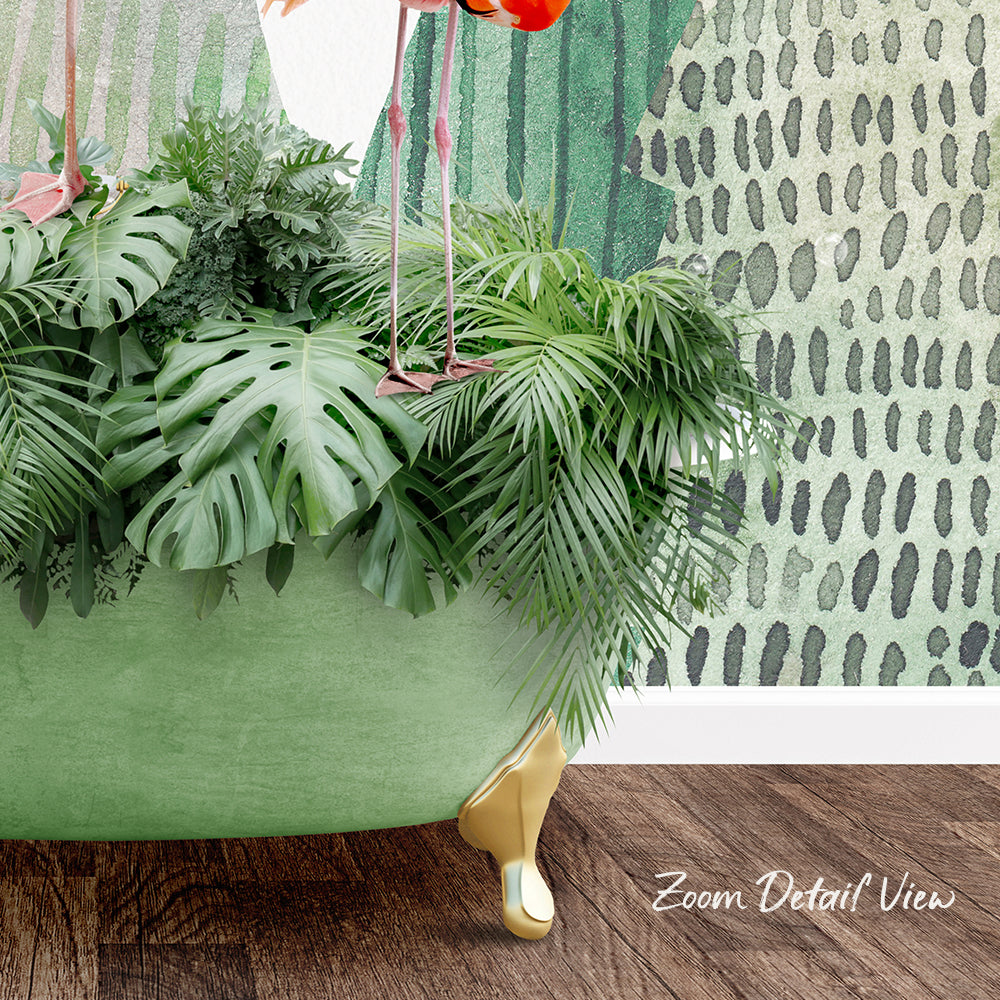 A green bathtub filled with lush tropical plants and a pink flamingo standing on the edge.