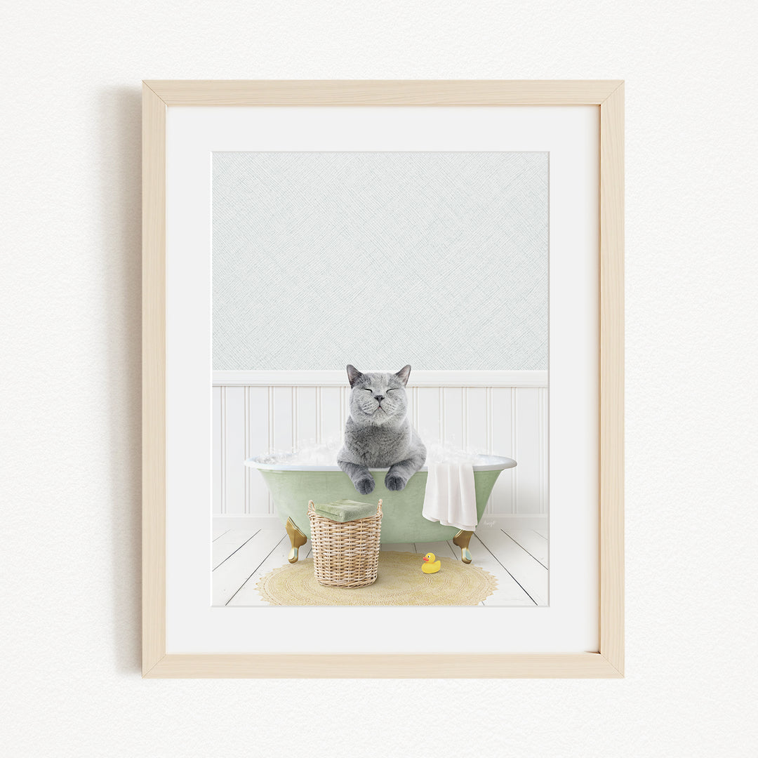 A gray cat sitting on the edge of a green bathtub, with a basket of toys and a yellow rubber duck nearby.