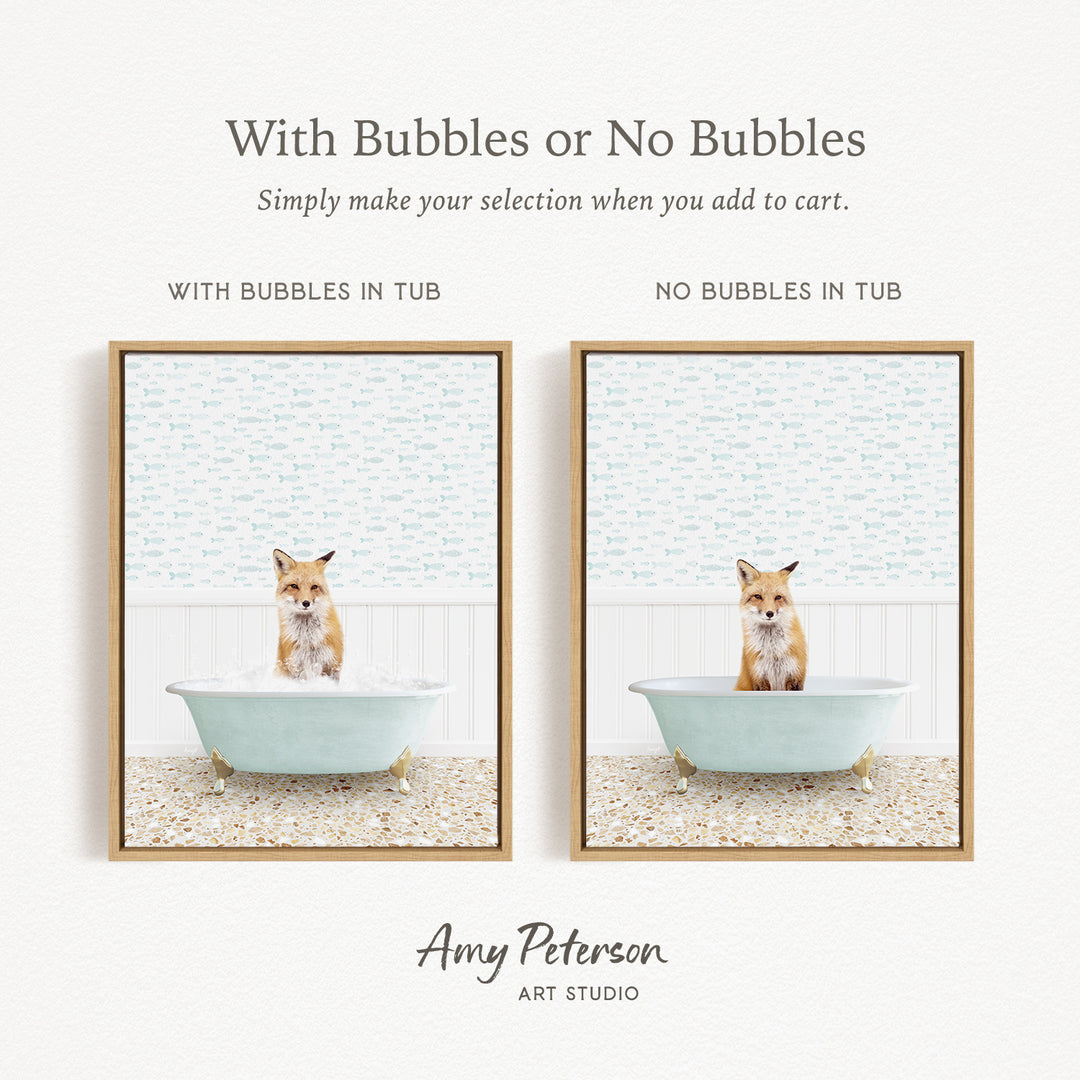 The image is a collage of two framed pictures, each featuring a cat sitting in a bathtub. The cat appears to be a fox, and the bathtub is filled with bubbles. The text above the images reads "With Bubbles or No Bubbles" and below the images, it says "Simply make your selection when you add to cart."