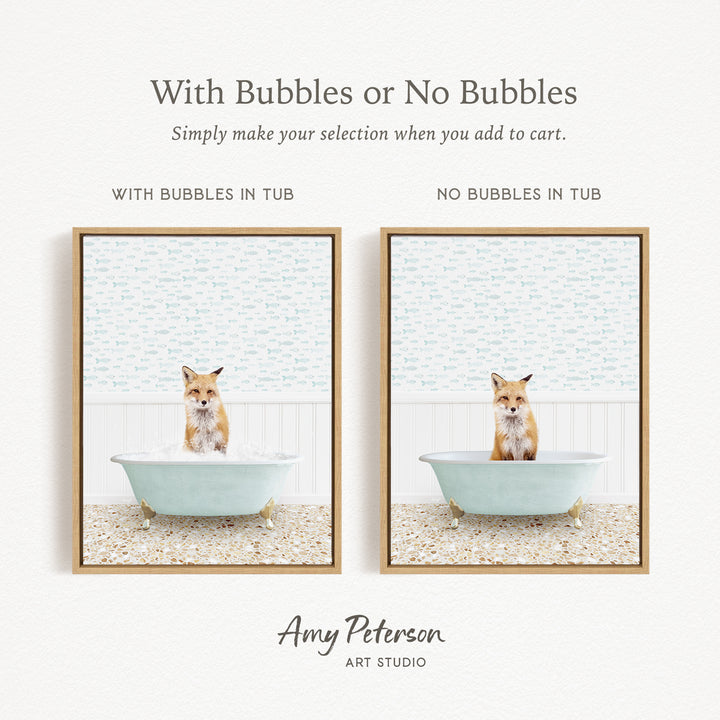 The image is a collage of two framed pictures, each featuring a cat sitting in a bathtub. The cat appears to be a fox, and the bathtub is filled with bubbles. The text above the images reads "With Bubbles or No Bubbles" and below the images, it says "Simply make your selection when you add to cart."
