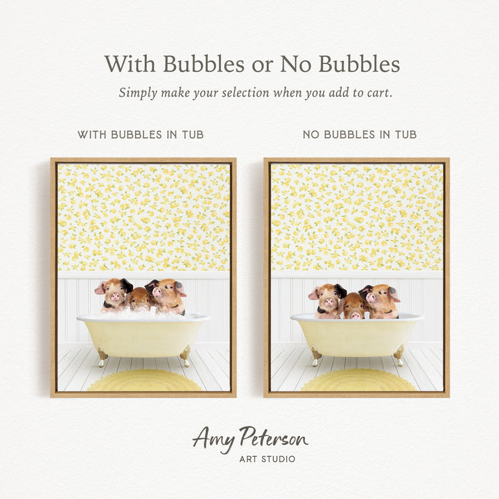 The image is a collage of two framed pictures, each depicting a group of hamsters sitting in a bathtub. The text above the images reads "With Bubbles or No Bubbles Simply make your selection when you add to cart." The text below the images states "WITH BUBBLES IN TUB" and "NO BUBBLES IN TUB," indicating the presence or absence of bubbles in the bathtub.