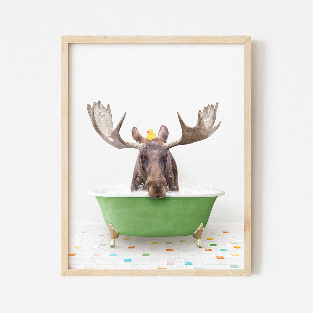 a moose with a rubber duck in a bathtub