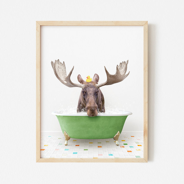 a moose with a rubber duck in a bathtub