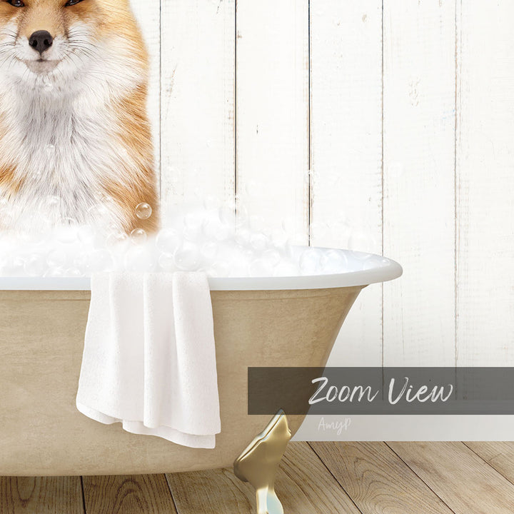 A dog is sitting in a bathtub filled with bubbles, with a towel draped over the side and a "Zoom View" label below the image.