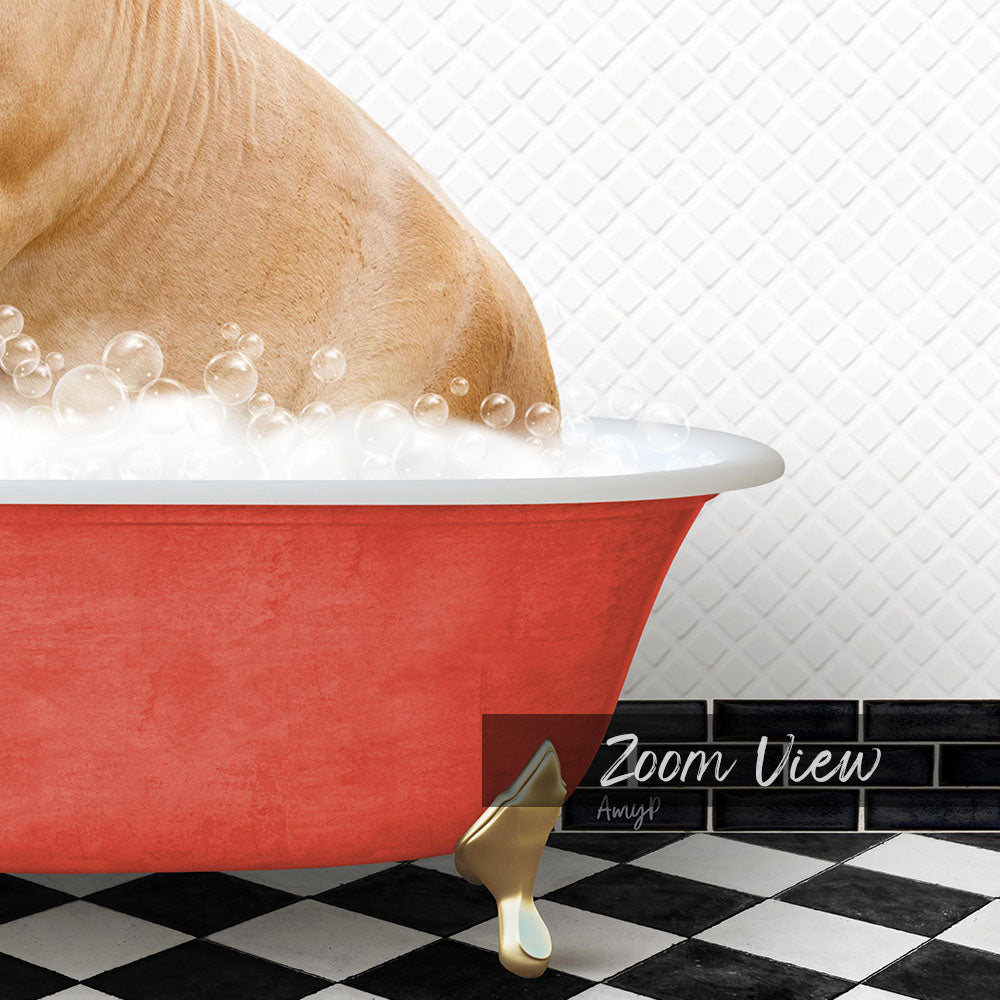 A red bathtub filled with bubbles, with a dog sitting inside and enjoying a bath.