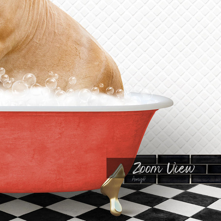 A red bathtub filled with bubbles, with a dog sitting inside and enjoying a bath.