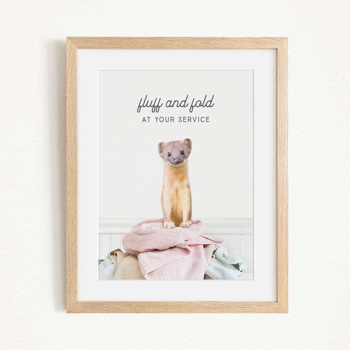 A framed image of a small animal, likely a cat, sitting on a pile of clothes and looking directly at the camera.