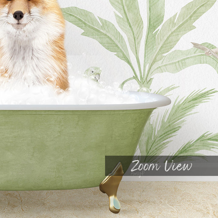 A dog is sitting in a green bathtub filled with bubbles, with a bird perched on the edge of the tub.