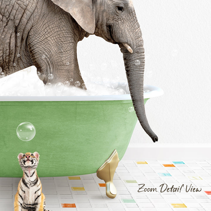 An elephant is taking a bath in a green tub, while a tiger stands nearby, observing the scene.