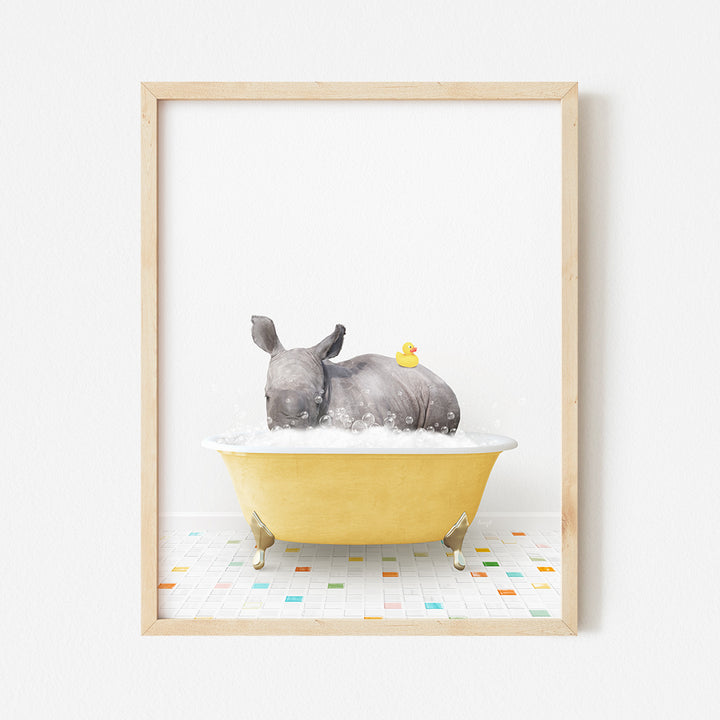 a picture of a rhino in a bathtub with a rubber duck