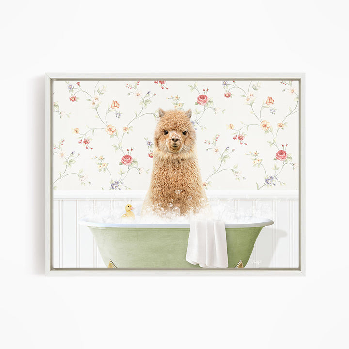 A fluffy brown alpaca sitting in a green bathtub filled with bubbles, surrounded by a floral wallpaper.