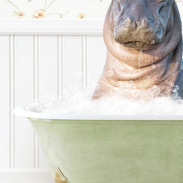 a hippopotamus sitting in a bathtub full of bubbles