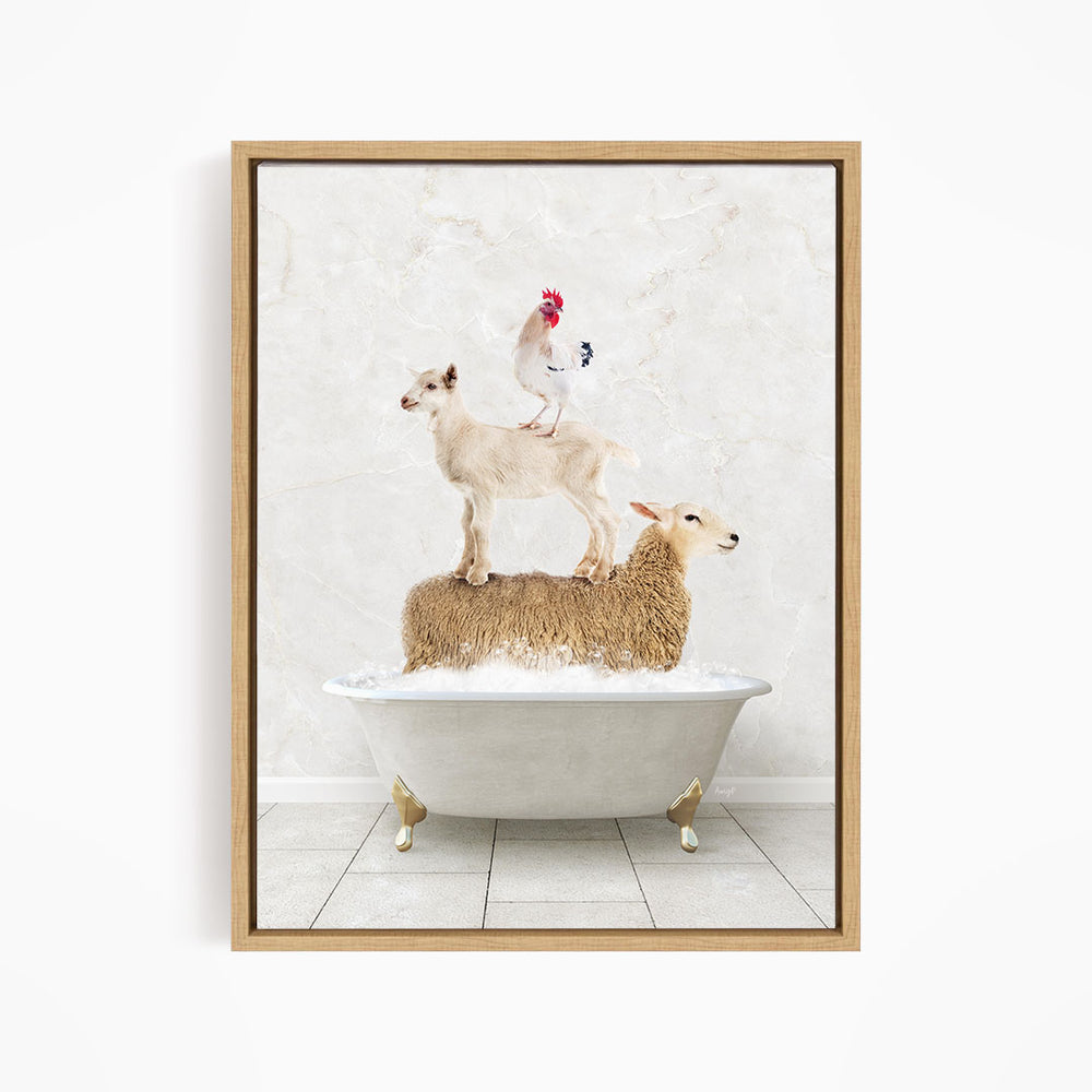 A framed image depicting a sheep standing on a bathtub, with a chicken perched on top of it, and a lamb on the tub's edge.