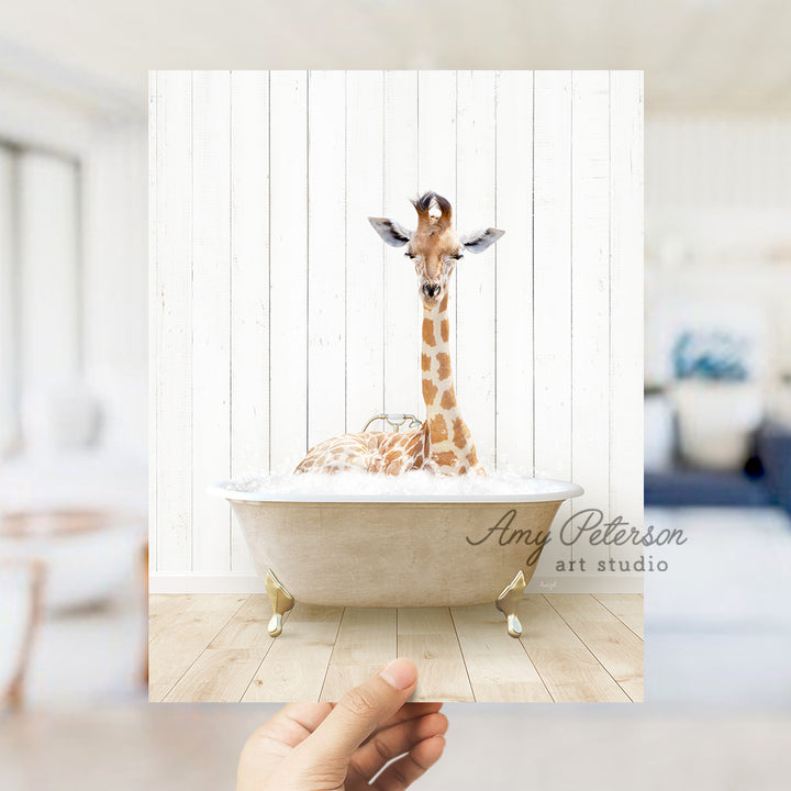 a giraffe is sitting in a bath tub