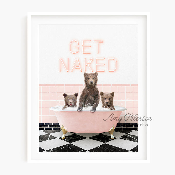 a picture of three bears in a bathtub with the words get naked