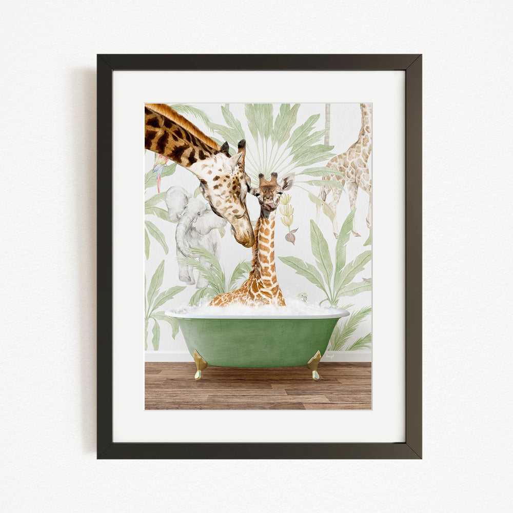 A framed illustration depicting a giraffe sitting in a green bathtub, surrounded by other giraffes and tropical foliage.