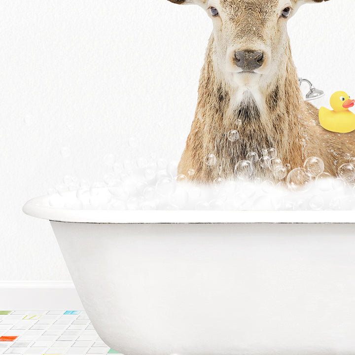 a deer in a bathtub with bubbles and a rubber duck