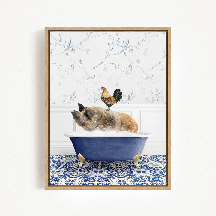 A rooster sits atop a pig in a blue bathtub, surrounded by a blue and white patterned tile floor.