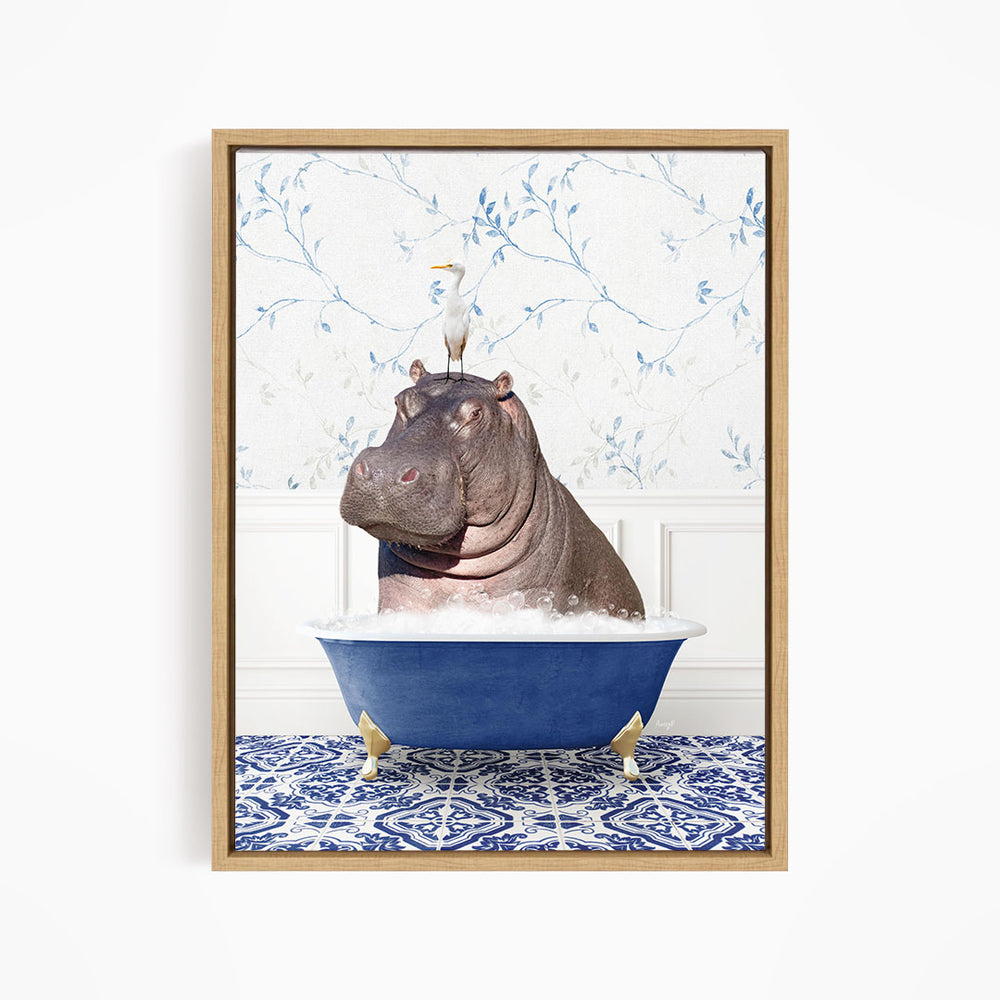 A large hippopotamus sitting in a blue bathtub, with a seagull perched on its head.