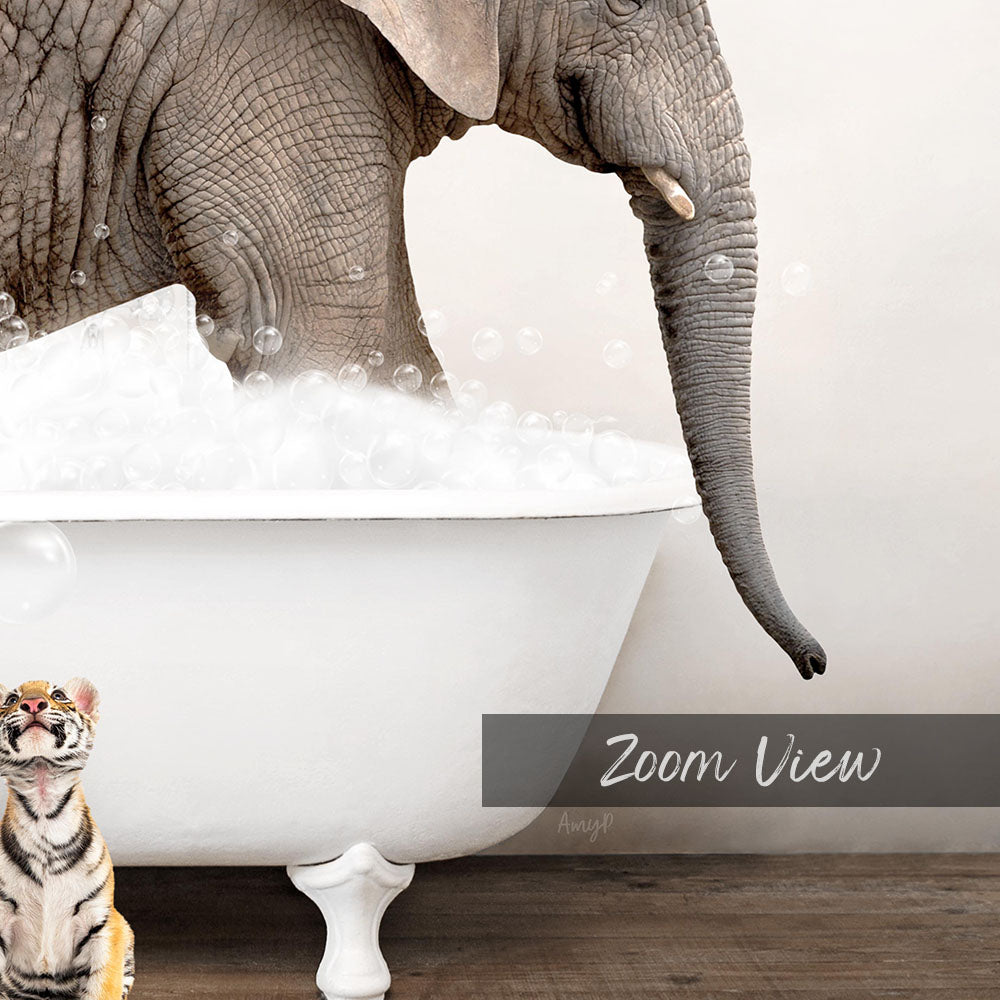 An elephant is taking a bath in a white bathtub, with a tiger sitting nearby and bubbles surrounding them.