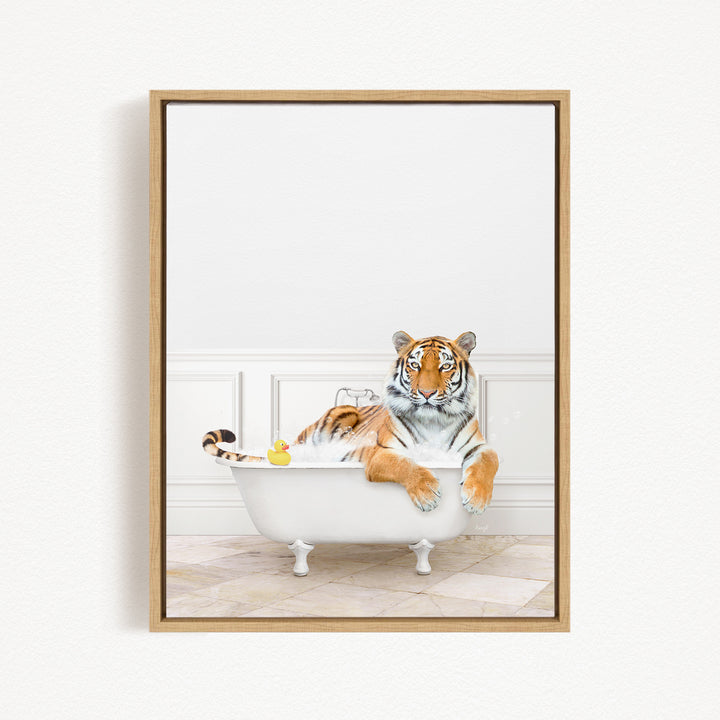 A tiger is sitting in a white bathtub, surrounded by rubber ducks.