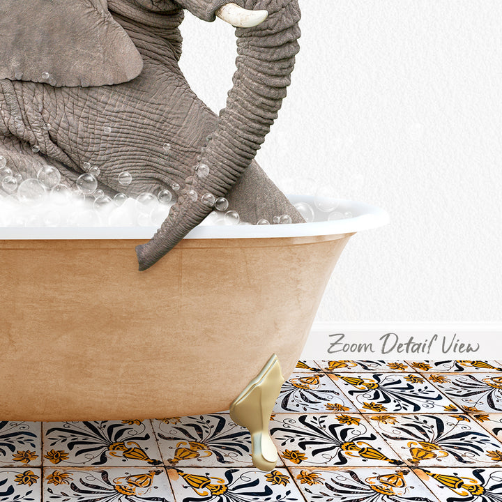 A large elephant is sitting in a bathtub filled with bubbles, surrounded by a patterned tile floor.