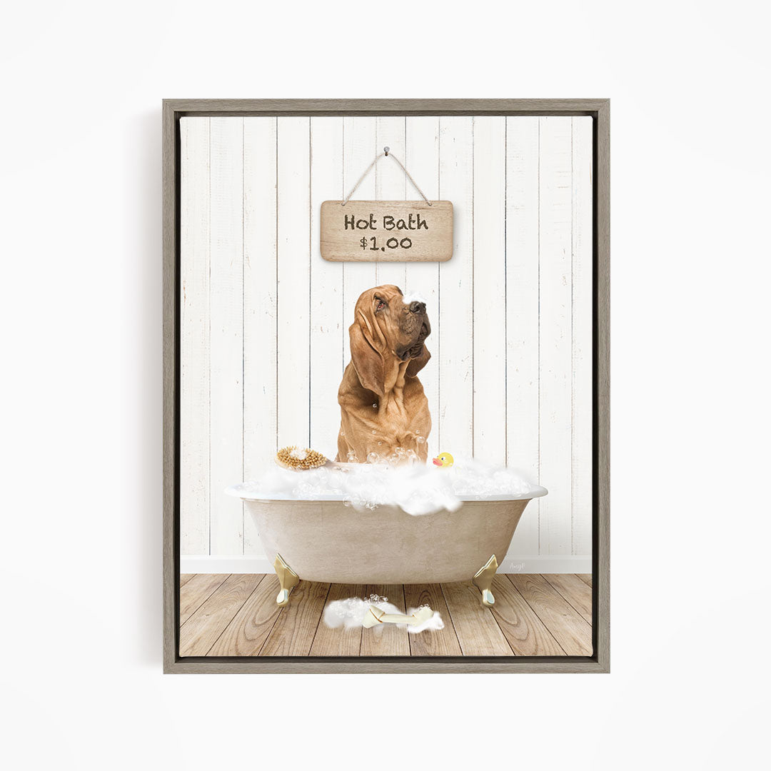 A dog sitting in a bathtub filled with bubbles, with a sign above the tub that reads "Hot Bath $1.00".