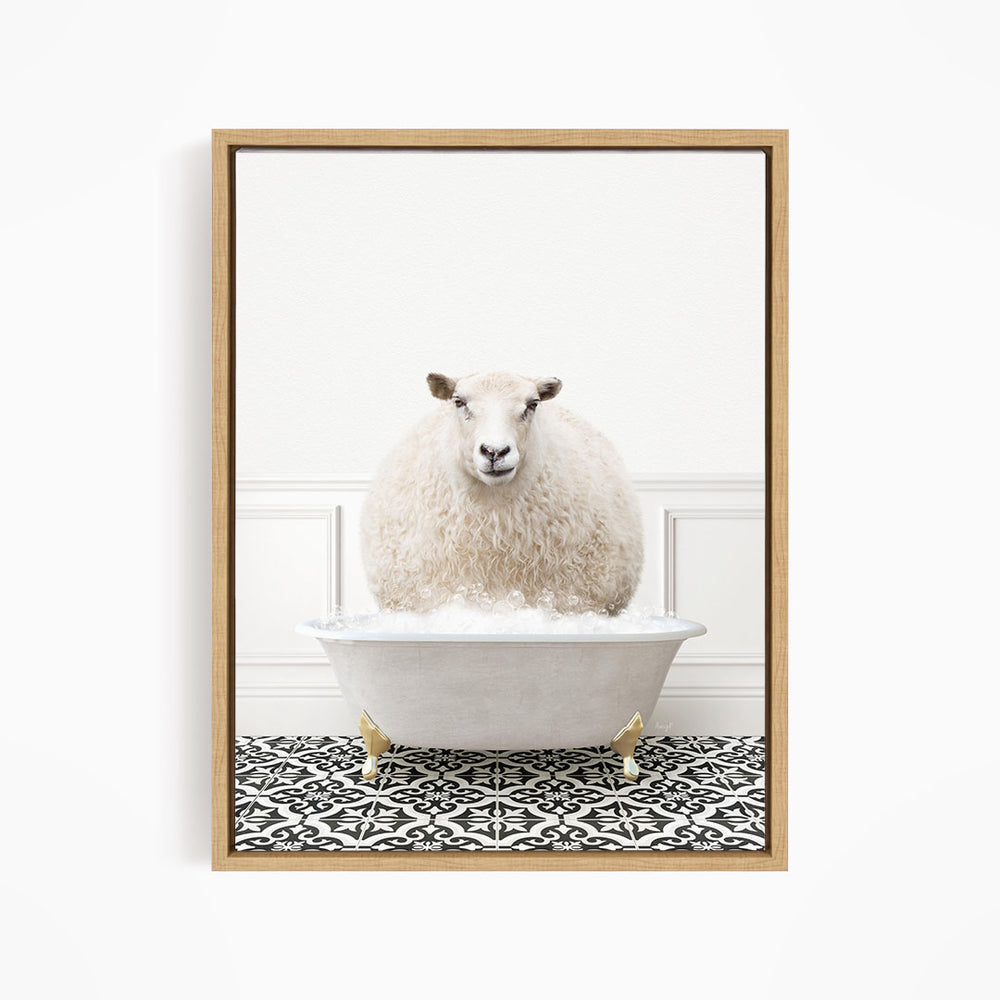 A fluffy white sheep sits in a white bathtub filled with bubbles, creating a whimsical and amusing scene.
