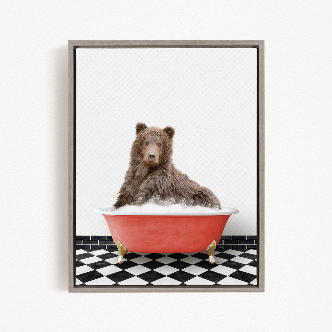 A brown bear sitting in a red bathtub filled with water, surrounded by a black and white checkered floor.