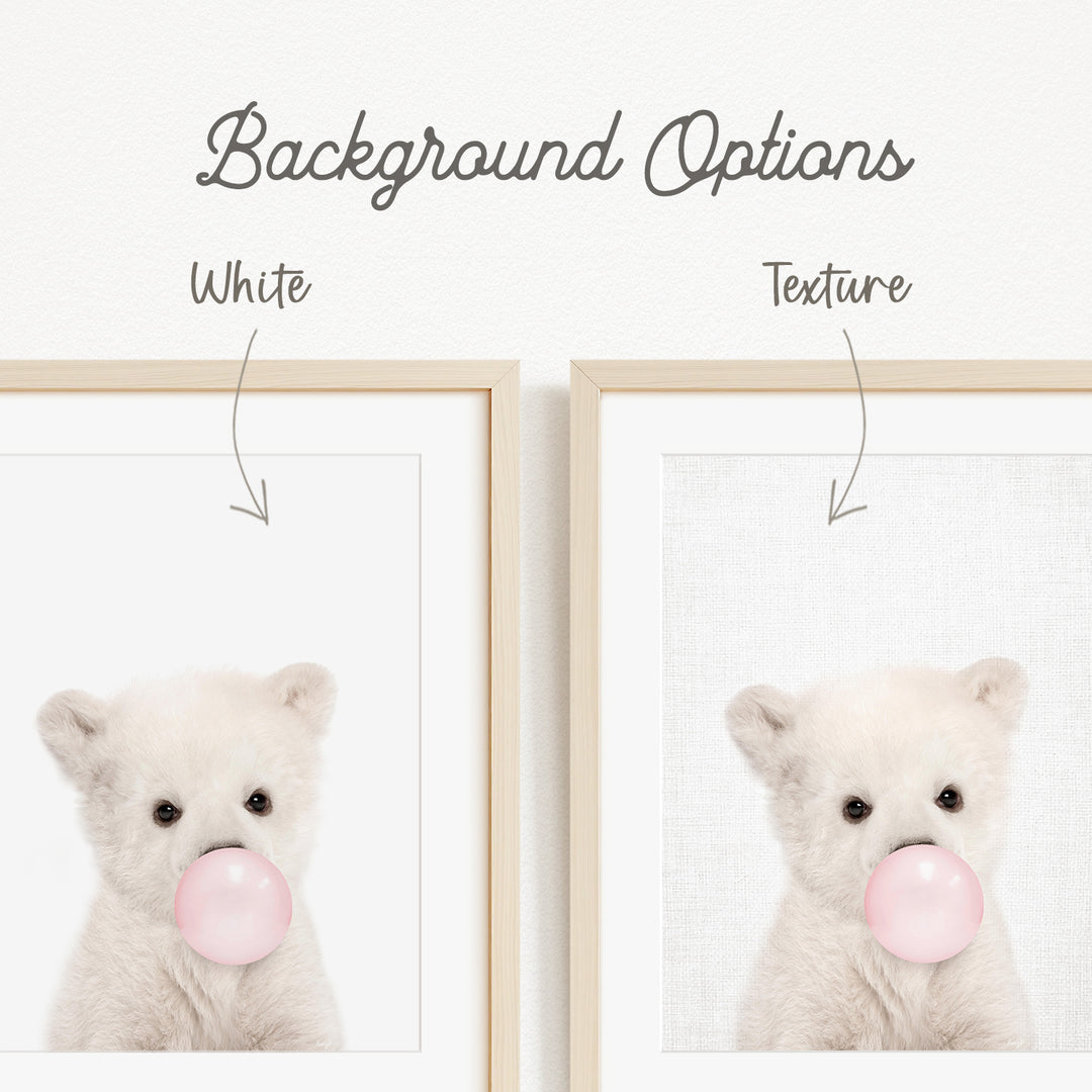 a cute white bear holding a pink bubble gum bubble.