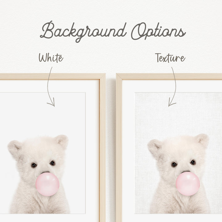 a cute white bear holding a pink bubble gum bubble.