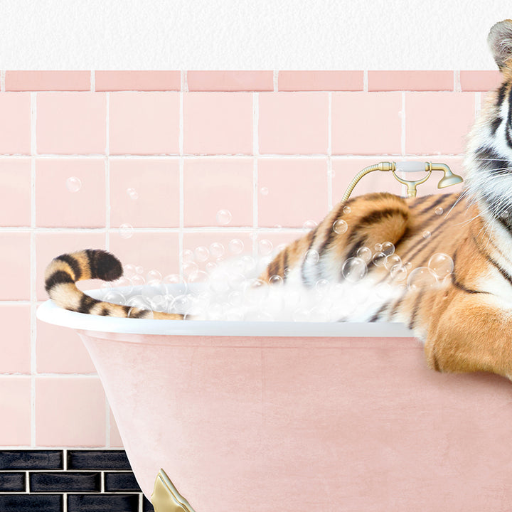 a tiger laying in a bathtub with bubbles coming out of it