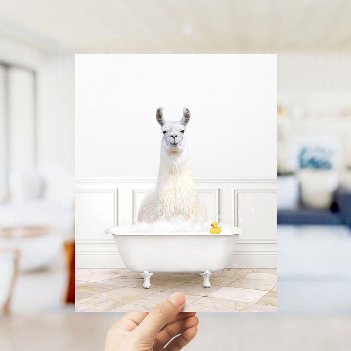 A white llama sitting in a white bathtub filled with bubbles, with a yellow rubber duck floating in the water.