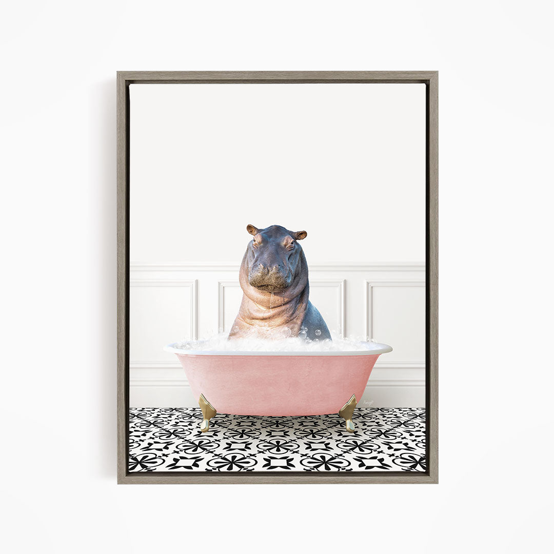 A hippopotamus sitting in a pink bathtub filled with water, surrounded by a black and white patterned floor.