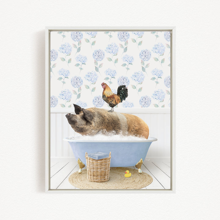 A pig is sitting in a bathtub filled with water, with a rooster perched on its back. The scene is set against a backdrop of blue hydrangea flowers.