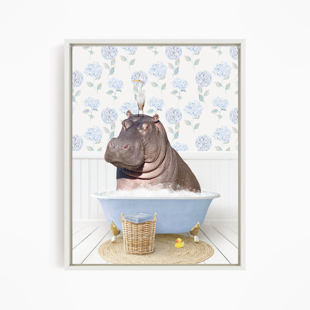A hippopotamus sitting in a bathtub, surrounded by a wicker basket, a yellow rubber duck, and a bird perched on its head.