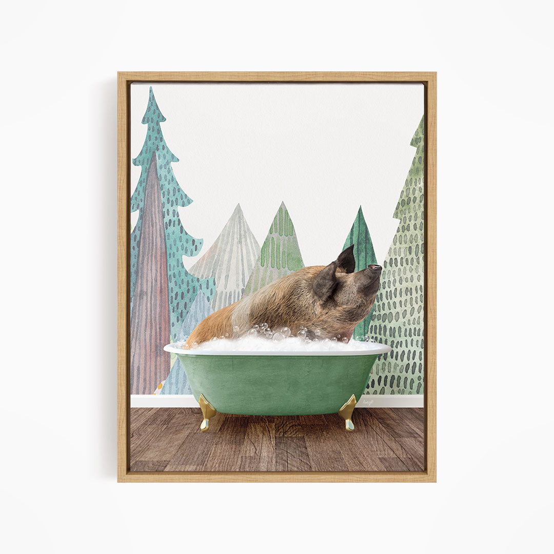A brown dog is sitting in a green bathtub, surrounded by a forest scene with trees and a cloudy sky.